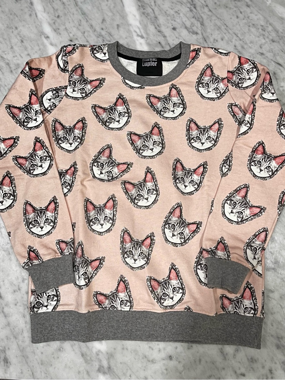 Markus Lupfer Pink Cat-Print Sweatshirt with Gray Trim